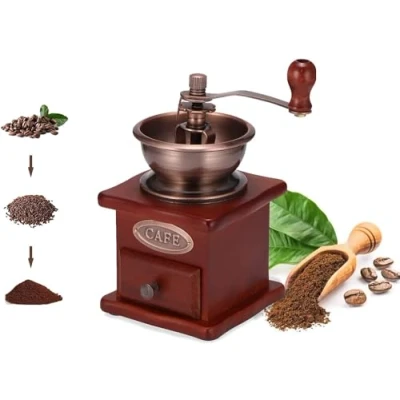 Imagen de molinillo de café manual grosor ajustable, granos café, madera vintage, mano para el hogar, cocina, oficina, camping, viajes