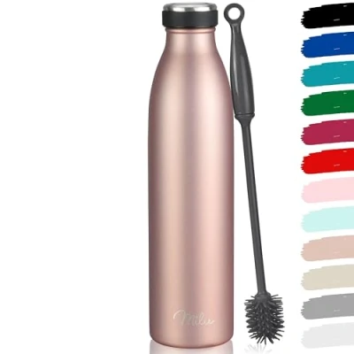Imagen de Milu botella de acero inoxidable 350 500 750 1L, termo 1,5 L, agua aislada, aislante a prueba fugas, apta para ácido carbónico + cepillo limpieza (oro rosa, L)