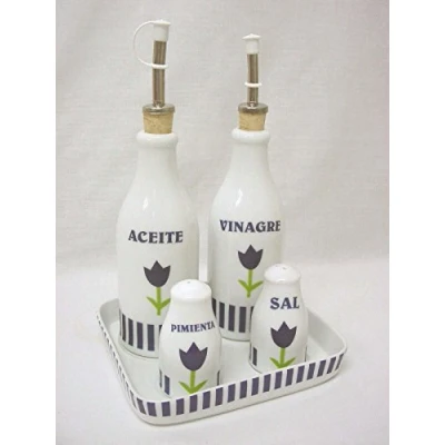 Imagen de Juego ACEITERA VINAGRERA Sal SALERO Pimienta PIMENTERO Porcelana Rayas Azul TULIPAN