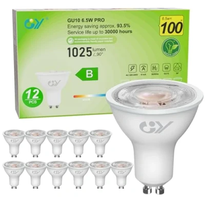 Imagen de GY GU10 led spot 6.5W bombilla gu10, Luz neutra 4000K 1025 Lumen, equivalentes a 100W, ángulo de haz 36, bajo consumo,No Regulable,12 piezas