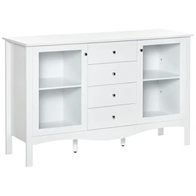 Imagen de HOMCOM Aparador de Cocina Armario Buffet con 2 Puertas Vidrio Estante Ajustable Interior y 4 Cajones Mueble Auxiliar para Comedor Salón 136x45x85 cm Blanco