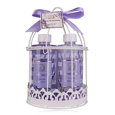 Imagen de Accentra set de ducha Regalo para mujer LAVANDA en una bonita cesta alambre, cuidado 4 piezas con gel ducha, loción corporal, baño burbujas y mucho más. bienestar