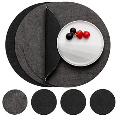 Imagen de Myir JUN Manteles Individuales Redondos y Posavasos, Salvamanteles de Cuero Juego 4 Mantel Individual Lavables Antideslizant Mesa (Gris Negro, 4)