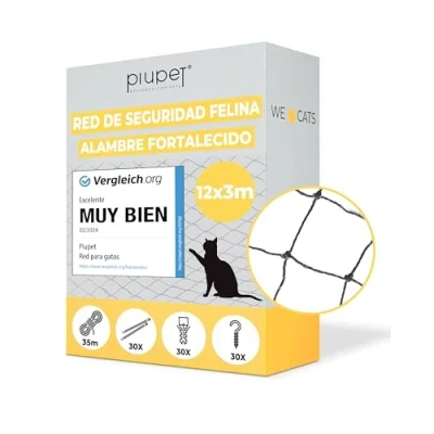 Imagen de PiuPet® Red para Gatos Reforzada I 12x3m Negro balcón, terraza y Ventana Incluye Set de fijación Malla Protectora Balcon Redes Ventanas