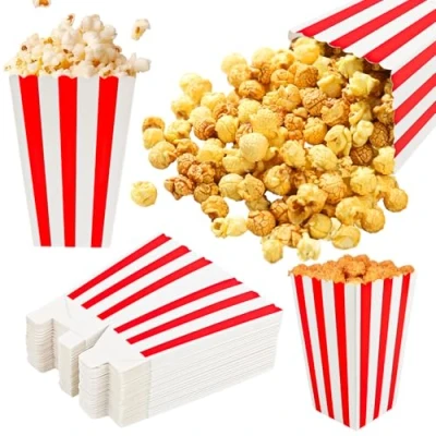 Imagen de 60 Piezas Cajas Palomitas, Popcorn Box, Bolsa de Cartones Caramelo Contenedor, Comida Cubo Palomitas Maíz a Rayas Retro para Cine,Navidad,Cumpleaño,Candy Fiesta