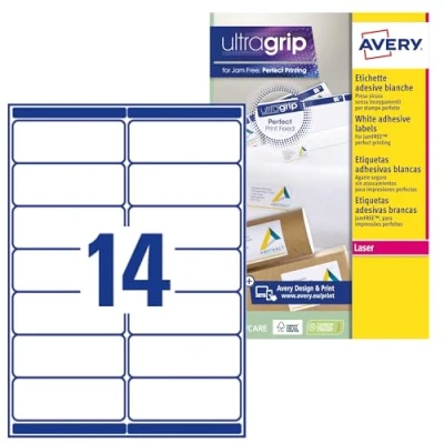 Imagen de Avery España L7163 15 etiquetas adhesivas blancas ideales para envios paquetes, imprimibles, medida 99,1x38mm, Caja de 210