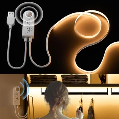 Imagen de PAUTIX USB 5V COB LED Tira con Detector de Movimiento Blanco cálido 2700k 2M,640LEDs Regulable CRI90+ Cinta para Escaleras,Habitaciones Infantiles,Armarios,Iluminación Lámparas Cama