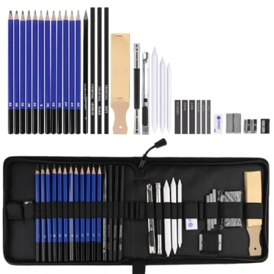 Imagen de Atliberswo Kit de dibujo y bocetos 33 piezas con lápices dibujo, grafito, carbón, práctica bolsa cremallera para artistas, principiantes, adultos niños.
