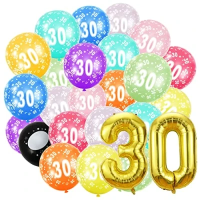 Imagen de globos de cumpleaños 30 años. número numerado (30 años) aluminio y 20 látex colores, Decoración años, globo helio, cumpleaños.