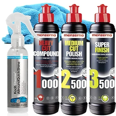 Imagen de detailmate Menzerna Conjunto de Pulido Heavy Cut 1000 + Medium Polish 2500 Super Finish 3500 Sonax Brilliant Shine Detailer, paño Microfibra 550 g/m²