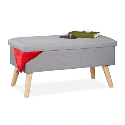 Imagen de Relaxdays Baúl Almacenamiento, Banco Acolchado, Patas Madera, Asiento Almacenaje, Funda de Tela, 39x77x39 cm, Gris Claro, Tablero Fibras, 1 Unidad
