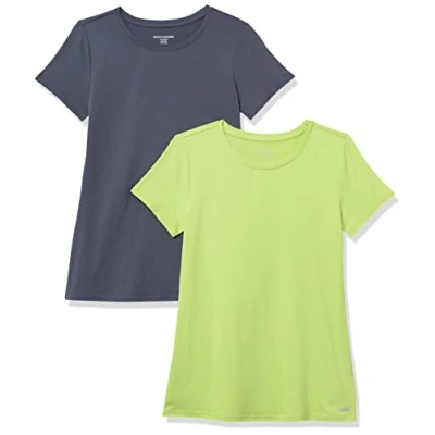 Imagen de Amazon Essentials Camiseta técnica elástica de Manga Corta y Cuello Redondo (Disponible en Tallas Grandes) Mujer, Pack 2, Gris Pizarra/Verde Lima, XS