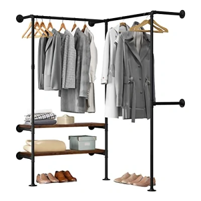 Imagen de WOLTU Sistema de Perchero Ropa, Riel para Ropa Tubos Industriales con 2 Estantes, Abierto Pie Dormitorios, Tiendas y Guardaropas, Negro+Roble Oscuro,SRY43shei