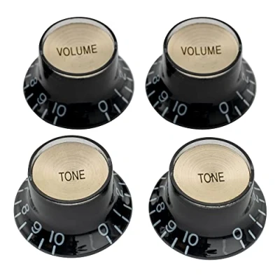 Imagen de Musiclily Pro Imperial Pulgadas Tamaño Botones de Potenciómetros Reflector 2 Volumen Tono Perillas Set para Guitarra Eléctrica USA Made Les Paul SG, Negro con Oro Top
