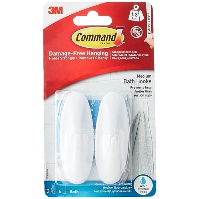 Imagen de Command Ganchos Para el Baño, Resistentes al Agua, 2 Blancos Medianos, 4 Tiras Adhesivas Especiales Ambientes Húmedos, Colgar Toallas, Albornoces, sin Agujeros, Taladrar Azulejos