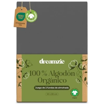 Imagen de Dreamzie Funda de Almohada 50x80 cm Algodón Orgánico Juego 2 100% Antracita Algodon 50x70 con Cremallera Oeko Tex