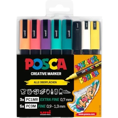Imagen de Faber Castell uni ball 186827 POSCA Marker Set Sneaker pens, estuche de 8, opaco sobre superficies claras