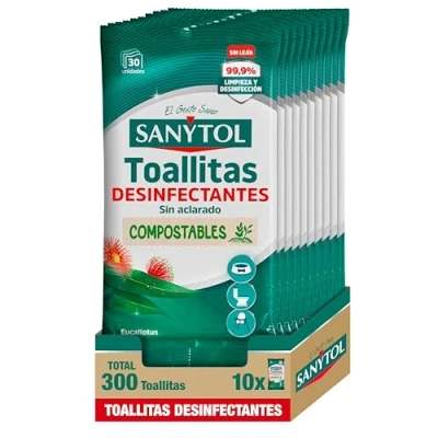 Imagen de Sanytol Pack de 10 x 30u Toallitas Desinfectantes Multiusos, Eliminan Bacterias, Hongos y Virus Sin Lejía, Perfume Eucaliptus 300