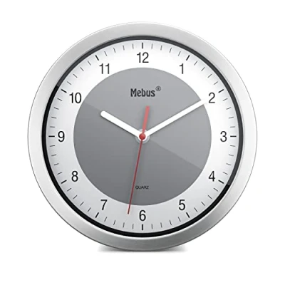 Imagen de Mebus Quarz Wanduhr/Kleine Uhr für Kleine Räume/silberner Rahmen/weißes Zifferblatt/Graue Akzent Kreis / 20cm Durchmesser/Rund/Modell: 16210 Farbe: Silber, Weiß, Grau