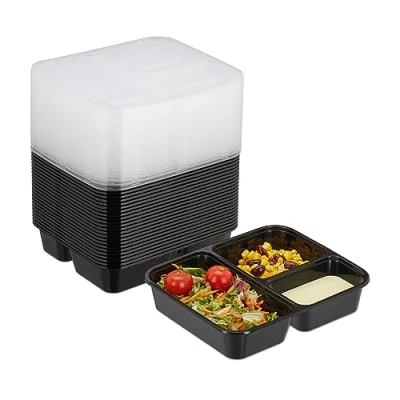 Imagen de Relaxdays Boxen 3 Fächer 24er Fiambreras Plástico, Set de 24, Compartimentos, Aptas Microondas, Reutilizables, Cajas para Meal Prep, Negro, 4,5 x 21,5 18,5 cm