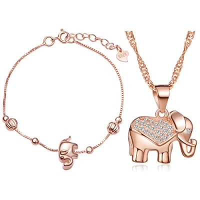 Imagen de Juegos de Joyas Yumilok Oro Rosa Plata ley 925 circonita elefante Charm Collar Set pulsera Cadena &amp; con colgante para mujer Chica