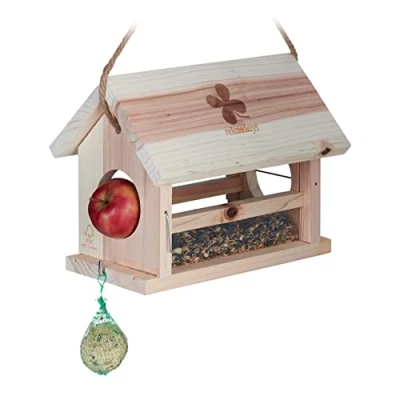 Imagen de Relaxdays Comedero Aves Soporte para Bolas Grasa y Manzanas, Alimentador Pájaros Madera, 24x31x20cm, Resistente, Natural