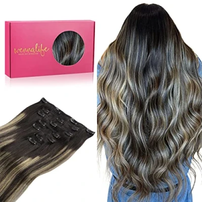 Imagen de WENNALIFE Extensiones Clip Pelo Natural, 55cm 120g 7 Piezas, Balayage Negro Natural a Rubio Claro de Remy Cabello Postizos Mujer