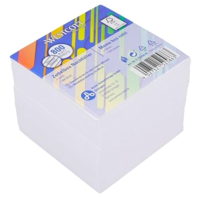 Imagen de Westcott Bloc de notas blanco, 800 hojas, Paquete recambio Hojas blancas 9 x cm para caja dispensadora Papel con certificación FSC, 80 g/m² E 1733199 00
