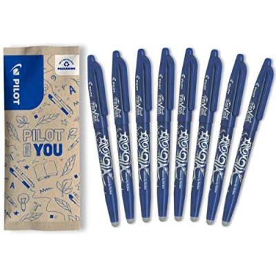 Imagen de Pilot Frixion Ball Bolígrafos roller de tinta borrable con termosensible, recargables, plástico reciclado. Juego 8 en azul, punta mediana. Bolígrafo mágico