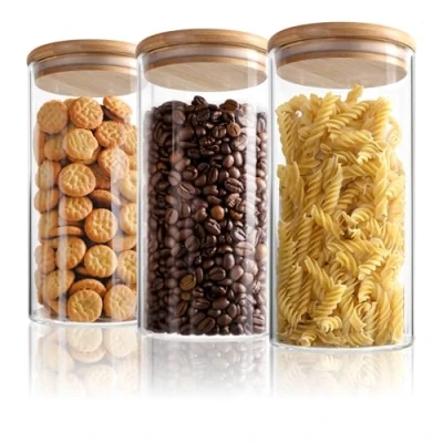 Imagen de Robin Goods® 3 Tarros de almacenamiento con tapa bambú 1500 ml para alimentos vidrio borosilicato reforzado herméticos redondo reutilizable 1.5L (03 piezas 1500ml)