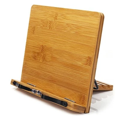 Imagen de Atril de bambú para libros, soporte libros ajustable con clips que sujetan papeles y páginas facilitar la lectura recetas