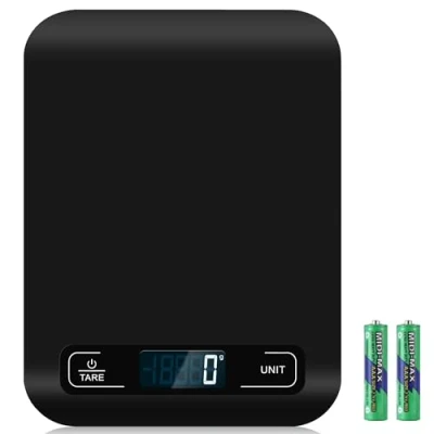 Imagen de báscula de cocina digital, 10 kg, con pantalla LCD y función tara, para hornear cocinar, medir ingredientes, exactamente 1 g (negro)
