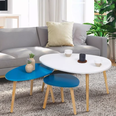 Imagen de IDMarket Juego de 3 mesas bajas nido Gaia lacadas blanco azul escandinavo
