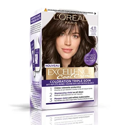 Imagen de L&#039;ORÉAL PARIS Tinte permanente de triple cuidado, antideslumbrante, amarillo, cubre 100% canas Excellence Cool Cream Nuance: Ultra Ceniza (4.11)