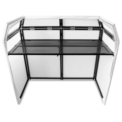 Imagen de Vonyx DB3 DJ Desk, Mesa de Portátil Grande, Aluminio Plegable, 146 x 73 132 cm, Incluye Bolsa Transporte y Funda Blanca Negra, Cabina DJ, Equipo Mueble Stand