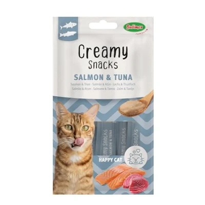 Imagen de Bubimex Creamy Snacks Atún y Salmón Dulces Cremas para Lamiendo Gatos Textura Lisa, cremosa apetitosa Estimula el apetito favorece la hidratación 4 x 15 g