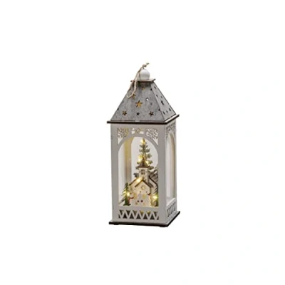 Imagen de Konstsmide Farol LED de madera con iglesia, blanco, temporizador 6 horas, 8 diodos luz blanca cálida, funciona pilas, para interior 3271 210