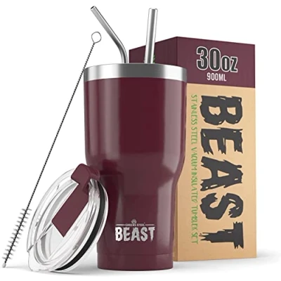 Imagen de Greens Steel BEAST Termo Café para Llevar 900ml I Arándano Taza Térmica de Acero Inoxidable Reusable Viajera Doble Pared al Vacío 2 Pajitas y Cepillo Limpieza