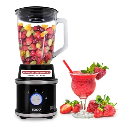 Imagen de Sogo Batidora de vaso, licuadora para zumos, batidos maquina smoothies maker, picador alimentos con jarras cristal 1.5 y 0.3 Litros, 2 Cuchillas, 1300W, Negro (SS 5545)
