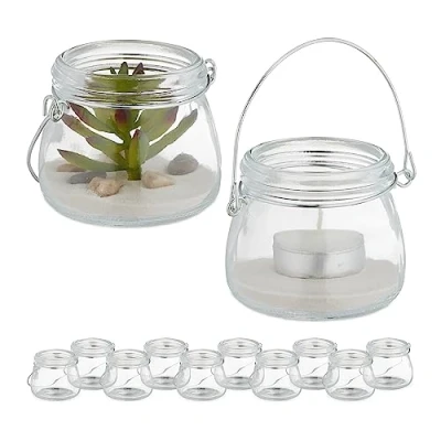 Imagen de Relaxdays Windlicht im 12er Portavelas, Set 12, Cristal, con Asa, Interior y Exterior, Porta Velas Té, 6,5 x 7,5 cm, Transparente/Plateada
