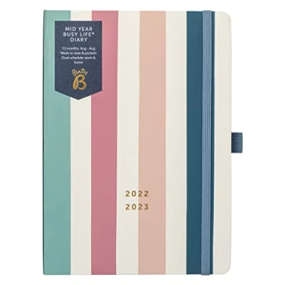 Imagen de Busy B 3981AMZ Agenda académica Life mediados de año Agosto 2022 2023 Raya Planificador A5 semanal con portabolígrafos, cierre elástico y bolsillos para guardar cosas otras