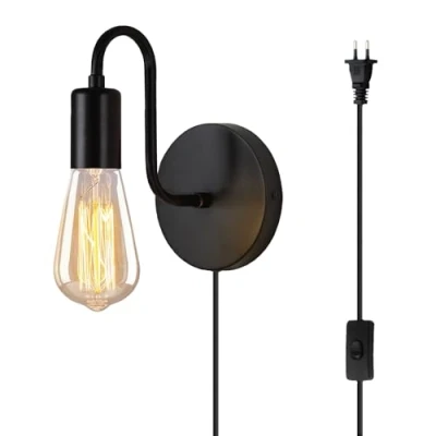 Imagen de ABKBOY Vintage Lámparas pared con Interruptor y Cable Aplique de Interior Industrial E27 Luces Enchufe Dormitorio Salon Pasillo Loft Iluminación, Negro (Sin Bombilla)