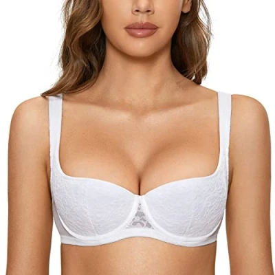 Imagen de DOBREVA Mujer Sujetador Balconette Push Up Sexy con Aros Relleno Talla Grande Blanco 90E