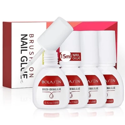 Imagen de 4 Botellas de Pegamento Para Puntas, Uñas BOLASEN Extra Fuerte (15ml), Con Pincel, Rotas, Postizas Acrílicas