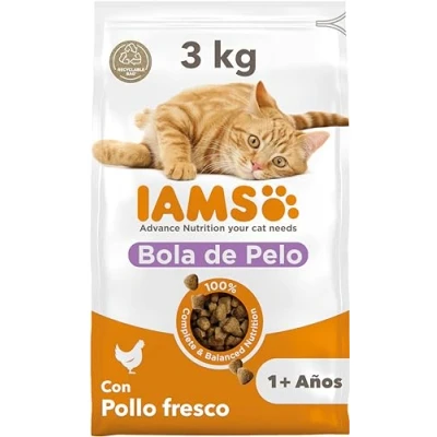 Imagen de IAMS Alimento seco para gatos que ayuda a reducir la formación de bolas pelo, comida seca adultos más 1 año con pollo fresco, 3 kg