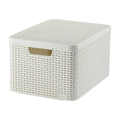 Imagen de CURVER 205862 Cesta con Tapa Efecto Mimbre (tamaño Grande, Polipropileno), Color Blanco