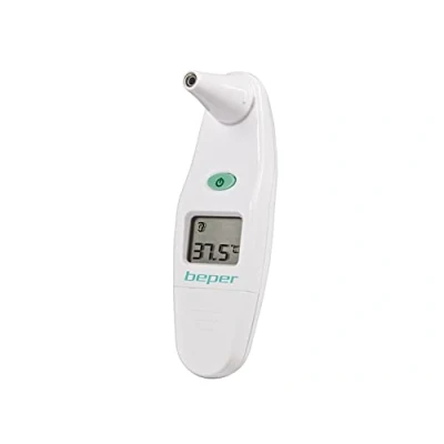 Imagen de BEPER 40.102 Termómetro Auricular Digital Infrarrojo con medición rápida, 15 cabezales higiénicos desechables cubre sensor de plástico incluido, 1 batería incluida, LCD Display