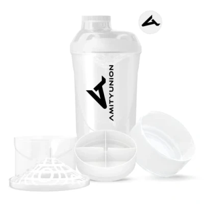 Imagen de AMITYUNION Shaker Deluxe proteína a prueba de fugas BPA libre y con la escala tamiz polvo suero cremoso sacude (blanco cup 700ml)