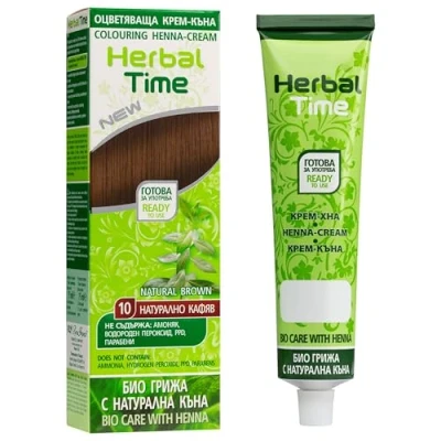 Imagen de Herbal Time Henna para Pelo Natural Colorante en Crema Cubre Canas Tinte Coloración Temporal Sin Amónico, Sulfatos y Parabenos Color Marrón 10 75ml