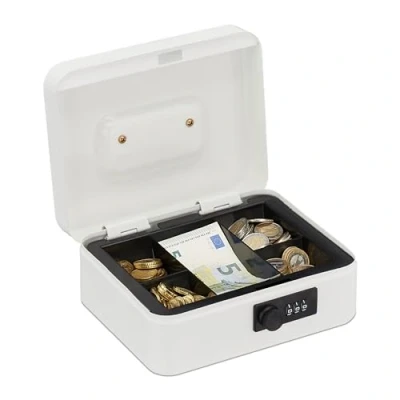 Imagen de Relaxdays Caja Fuerte con Combinación de 3 Dígitos, Bandeja para Monedas, Hierro, 8,5 x 20 17 cm, Blanco